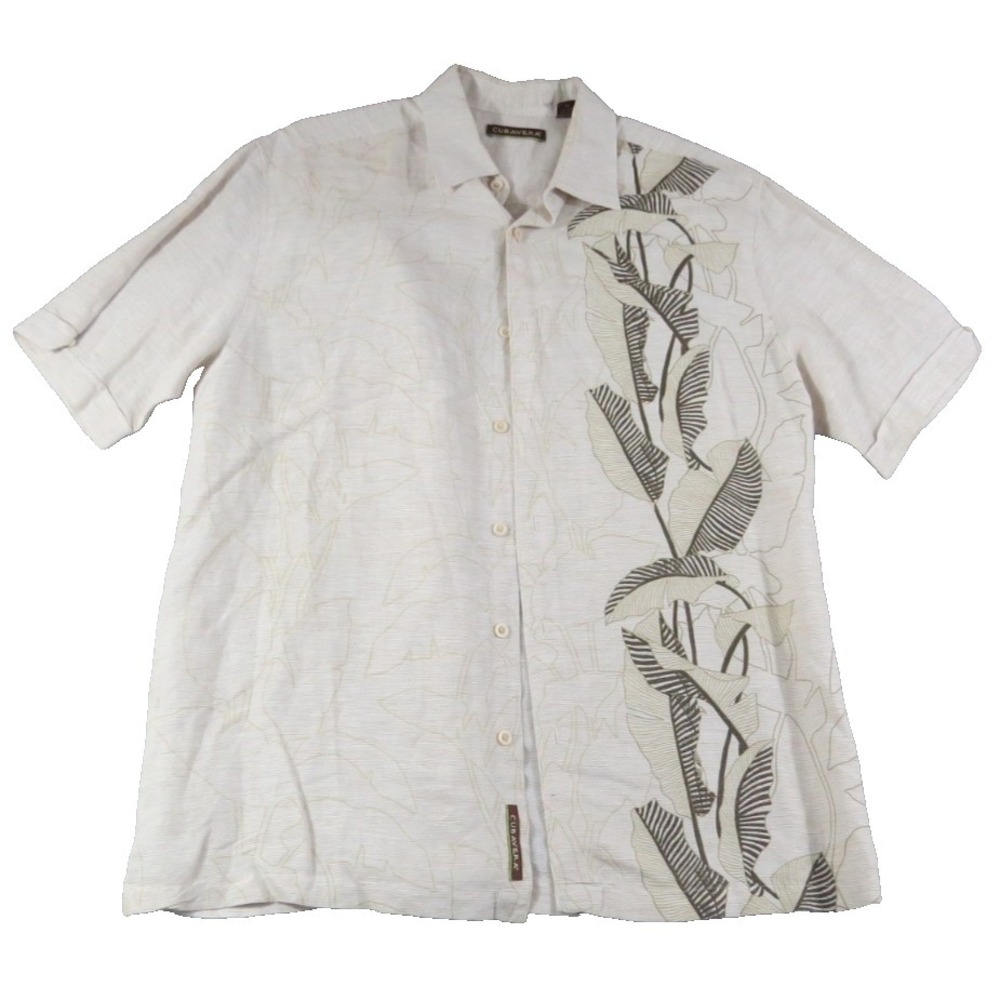 Cubavera Mens XL Beige Linen Blend Tropical Embroidered Leaf Guayabera Shirt EUC